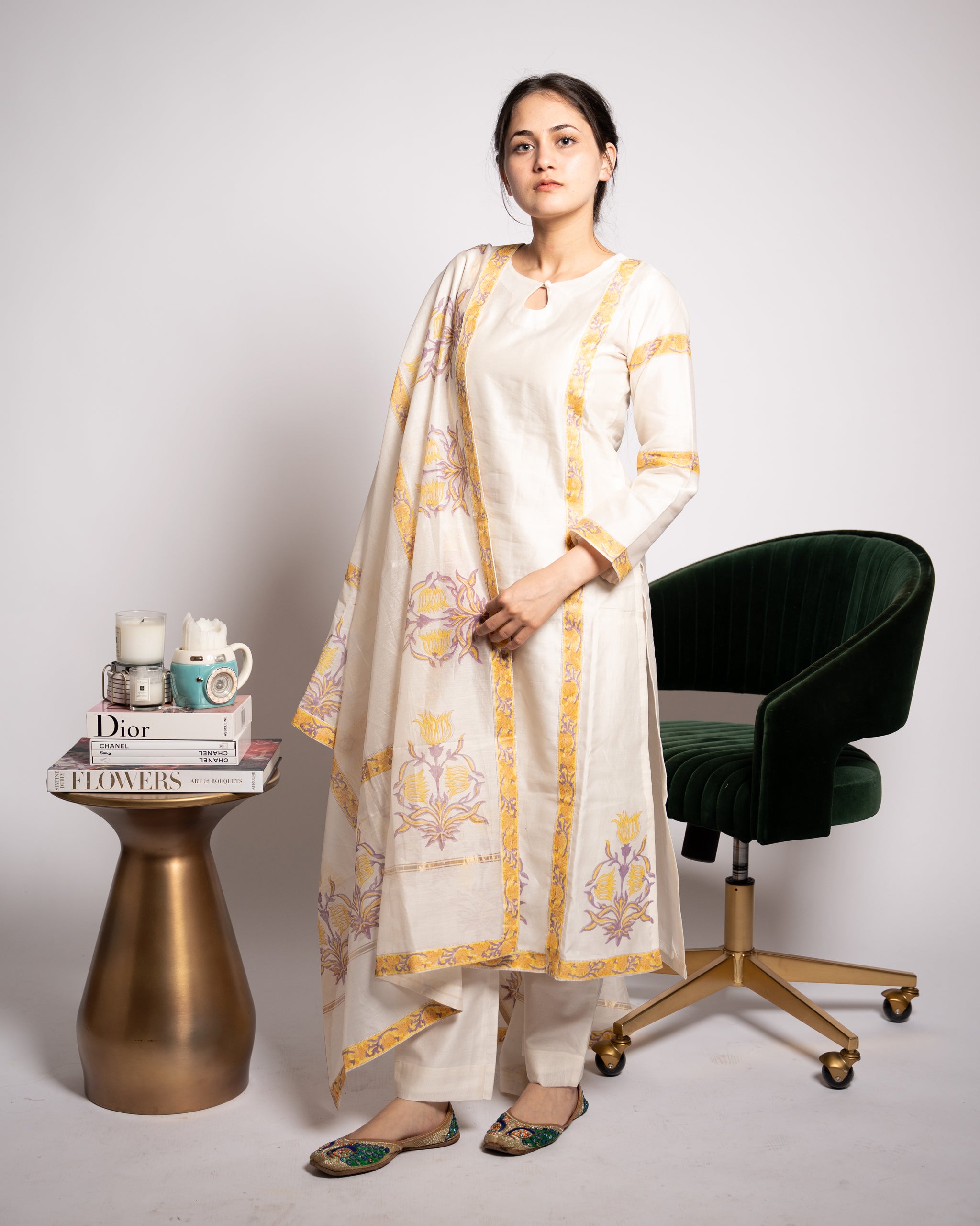White Chanderi Kurta Set with Pearl Accents